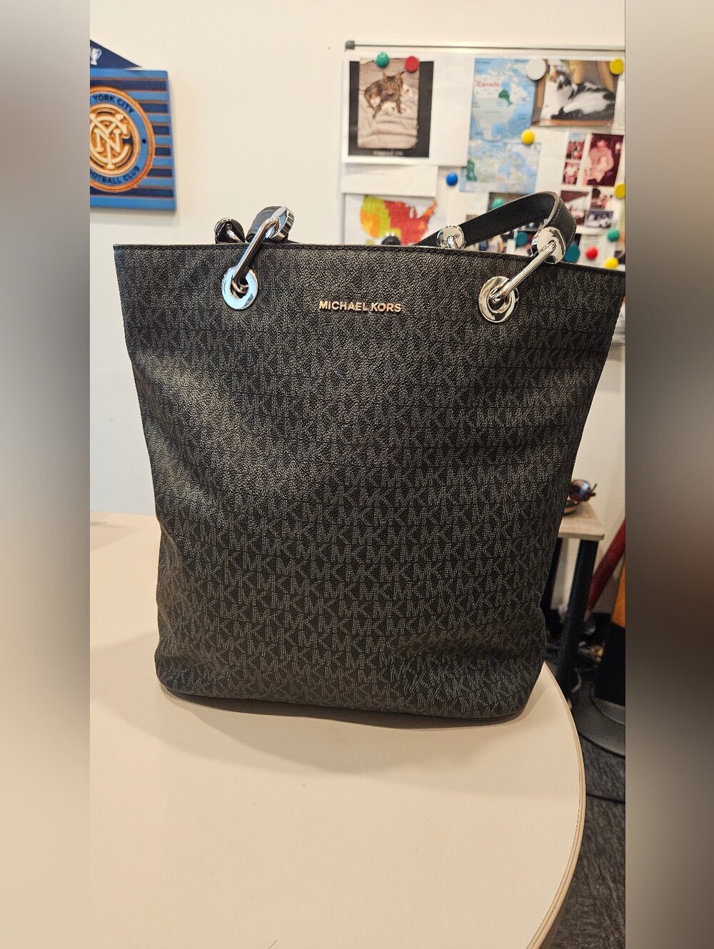 Michael Kors Black MK Logo Tote with Silver Hardware